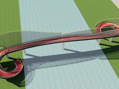 Modern Curved Red Bridge With Metal Railings And Green Grass Landscape Design 3d model