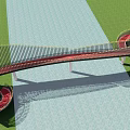 Modern Curved Red Bridge With Metal Railings And Green Grass Landscape Design