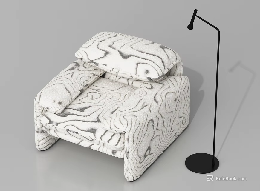 Modern Single Sofa With White Gray Marble Pattern And Black Floor Lamp 3d model