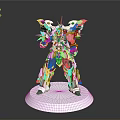 Winged Mechanical Creature Character With White Armor And Yellow Red Accents Standing On Display Base