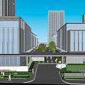 Modern Glass Curtain Wall Office Building With Landscaped Gardens And Pedestrians