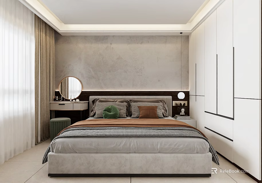 Contemporary Bedroom Interior With Comfortable Bed Decorative Pillows Nightstand And Stylish Wardrobe 3d model 