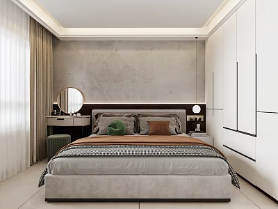 Contemporary Bedroom Interior With Comfortable Bed Decorative Pillows Nightstand And Stylish Wardrobe 3d model