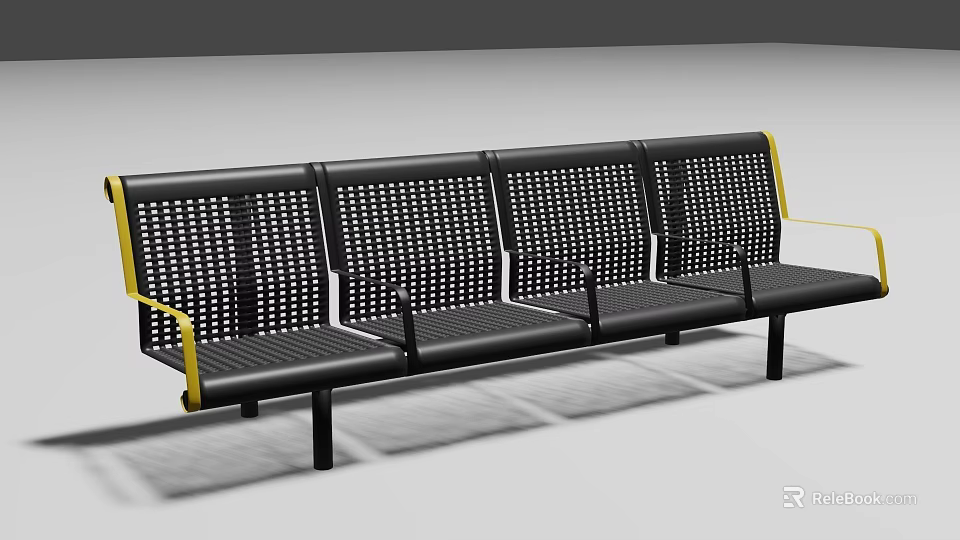 Modern Black Public Bench With Four Seats Perforated Design And Yellow Armrests 3d model 