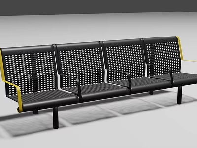 Modern Black Public Bench With Four Seats Perforated Design And Yellow Armrests 3d model