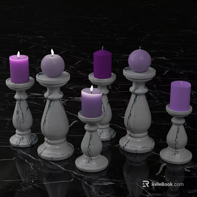 Elegant Purple Lit and Unlit Candles on White Marble Candle Stands 3d model 