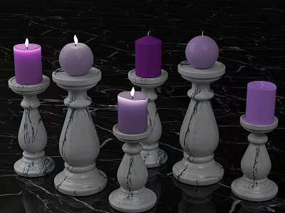 Elegant Purple Lit and Unlit Candles on White Marble Candle Stands 3d model