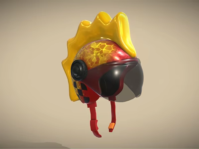 Red Helmet Featuring Yellow Flame Decoration Honeycomb Texture Black Visor And Red Straps 3d model