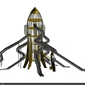 Rocket Shaped Playground Structure With Multiple Silver Slides And Yellow Top 3d model