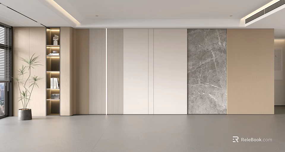 Elegant Modern Background Wall Featuring Beige Gray Marble Texture Vertical Stripes And Storage Cabinets 3d model