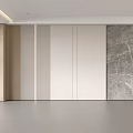 Elegant Modern Background Wall Featuring Beige Gray Marble Texture Vertical Stripes And Storage Cabinets 3d model