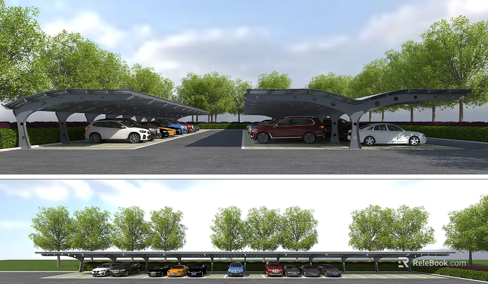 Covered Parking Lot with Neatly Arranged Cars Surrounded by Green Trees and Modern Design 3d model 