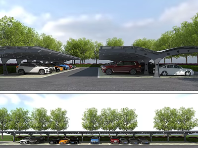 Covered Parking Lot with Neatly Arranged Cars Surrounded by Green Trees and Modern Design 3d model