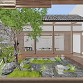 Long Wooden Table With Light Colored Chairs Long Pendant Light Bamboo Blinds Stone Wall Courtyard