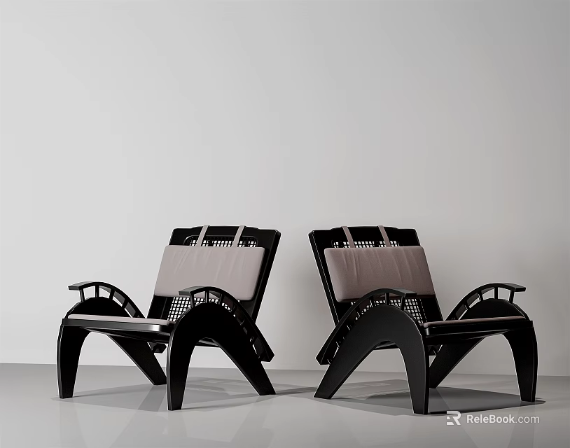 Two Modern Lounge Chairs With Black Frame Gray Cushion And Woven Backrest 3d model 