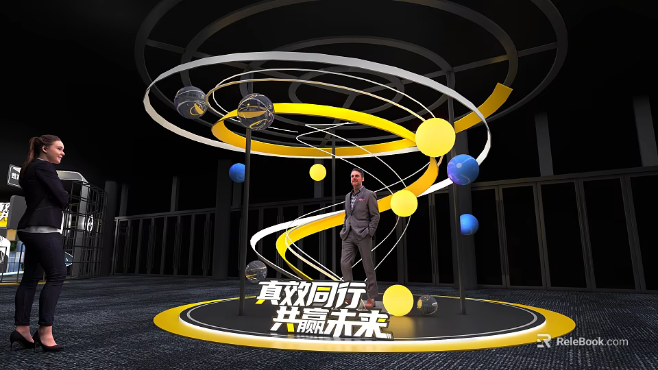 Modern Photo Check-in Spot Featuring Yellow White Spiral Lines Colorful Spheres And Circular Floor Design 3d model 