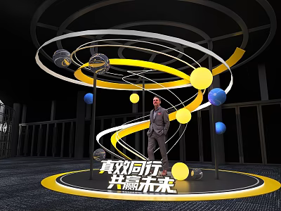 Modern Photo Check-in Spot Featuring Yellow White Spiral Lines Colorful Spheres And Circular Floor Design 3d model