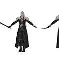 Game Movie Character With White Long Hair Black Robe Holding Long Sword Front Back Views 3d model