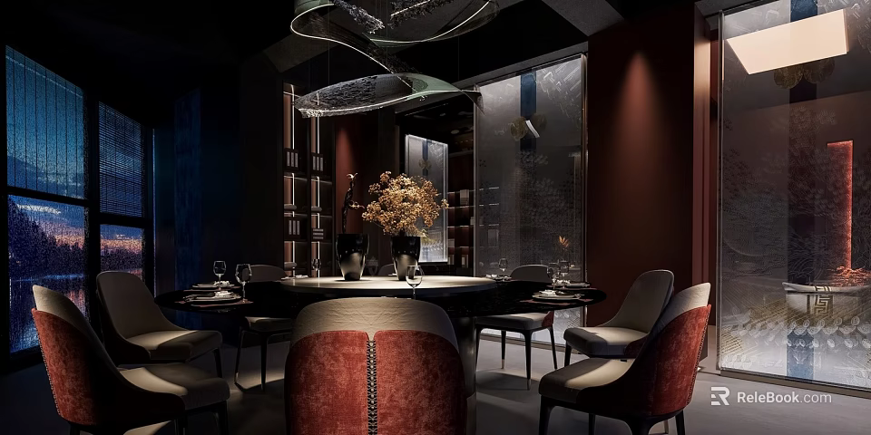Elegant Modern Restaurant Interior With Unique Chandelier Round Table Red Chairs And Decorative Flowers 3d model 