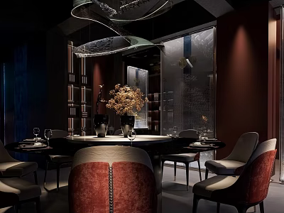 Elegant Modern Restaurant Interior With Unique Chandelier Round Table Red Chairs And Decorative Flowers 3d model