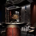 Elegant Modern Restaurant Interior With Unique Chandelier Round Table Red Chairs And Decorative Flowers
