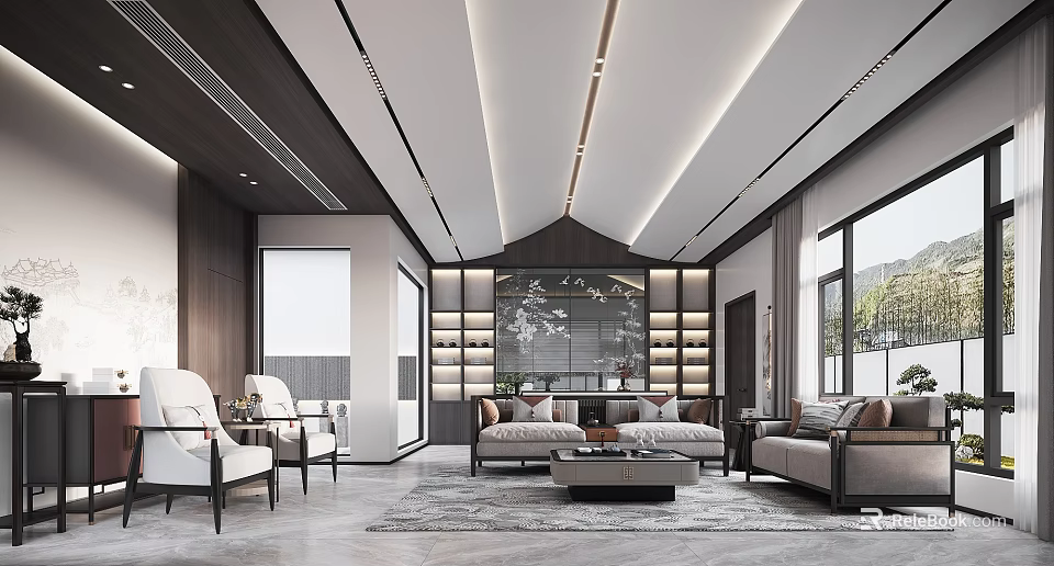 Modern Luxury Living Room Interior Design With Elegant Sofas Coffee Table And Ambient Lighting 3d model 