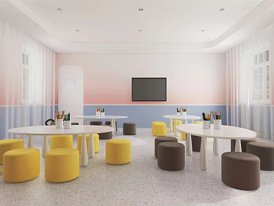 School Lounge With White Walls Gradient Pink To Blue Round Tables Yellow Brown Stools 3d model