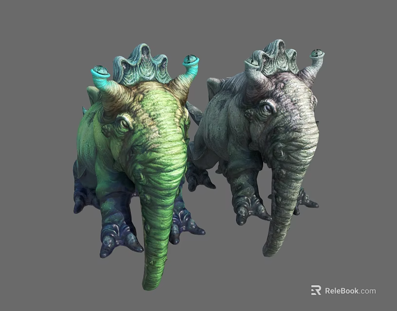 Two Mythical Elephant Like Creatures Green And Gray With Crown Like Head Structures 3d model 