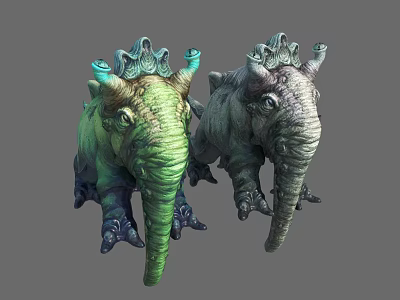 Two Mythical Elephant Like Creatures Green And Gray With Crown Like Head Structures 3d model