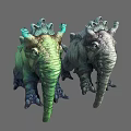 Two Mythical Elephant Like Creatures Green And Gray With Crown Like Head Structures