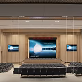 Modern Auditorium Interior Design With Curved Ceiling Wooden Walls And Gray Seats