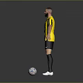 Man in Yellow and Black Striped Jersey Standing with Soccer Ball on Gray Background
