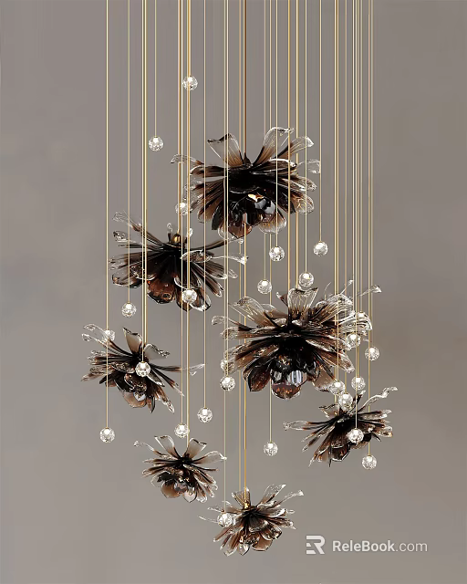 Artistic Modern Chandelier Featuring Dark Brown Flower Shaped Accents And Hanging Crystal Beads 3d model 