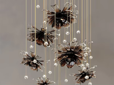 Artistic Modern Chandelier Featuring Dark Brown Flower Shaped Accents And Hanging Crystal Beads 3d model