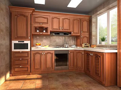 Elegant Traditional Kitchen Interior With Wooden Cabinets Countertop Oven And Window 3d model