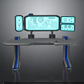 Futuristic Console With Multiple Screens Blue Lighting Silver Countertop And Blue Support Legs