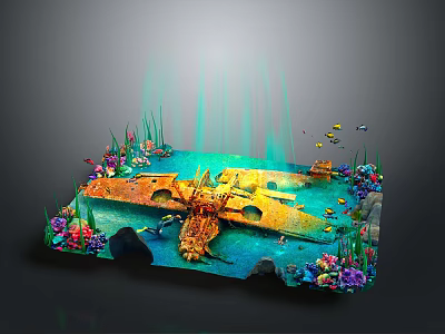 Underwater Sunken Ship Building with Colorful Corals Aquatic Plants Fish School and Blue Water Flow 3d model