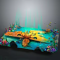Underwater Sunken Ship Building with Colorful Corals Aquatic Plants Fish School and Blue Water Flow