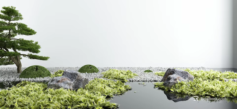 Tranquil Garden Ornament Featuring Rocks Green Plants Small Pond Gravel And Moss 3d model 
