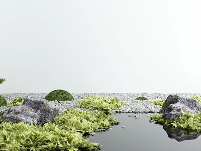 Tranquil Garden Ornament Featuring Rocks Green Plants Small Pond Gravel And Moss 3d model