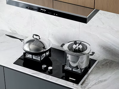 Modern Kitchen With Induction Cooktop Range Hood Marble Countertop And Appliances 3d model