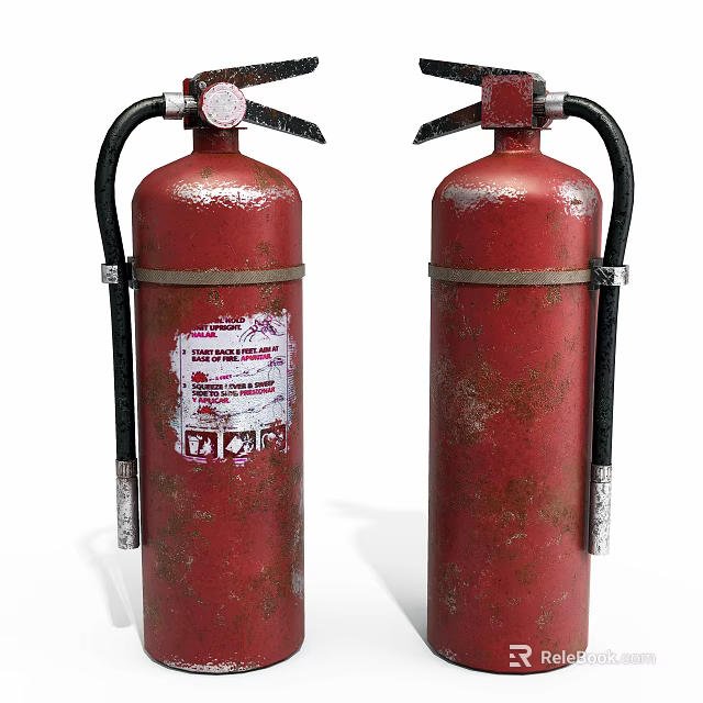 Worn Red Fire Extinguishers With Visible Labels As Fire Safety Equipment 3d model
