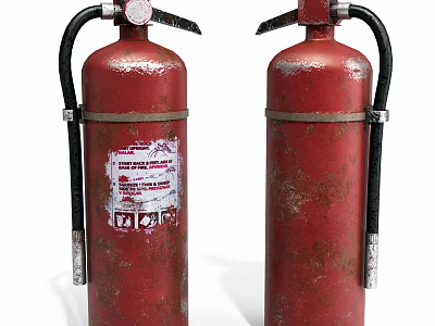 Worn Red Fire Extinguishers With Visible Labels As Fire Safety Equipment 3d model