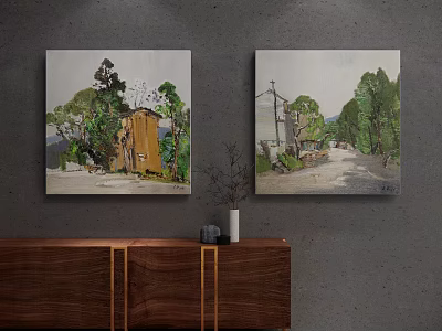 Landscape Wall Art Paintings Featuring Trees Houses Road Hanging on Gray Wall Above Wooden Cabinet 3d model