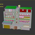 Multi Story Building With Blue Green Roofs Balconies Roll Up Doors And Red Door