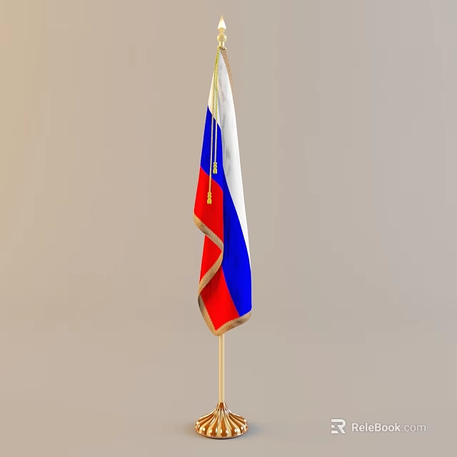 Russian National Flag Featuring Blue White Red Stripes Wavy Design With Golden Pole And Tassel 3d model 
