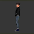 Men's Casual Outfit Featuring Black Leather Jacket White T-shirt Blue Jeans And Blue Sneakers