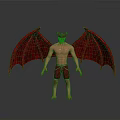 Red Winged Bat With Horns And Muscular Body Standing On Dark Surface