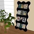 Black Wavy Bookcase With Books And Photos In Interior With Plants Window And Wooden Floor