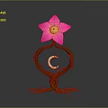 Plant with Pink Star Shaped Flower Yellow Center and C Shaped Vines Brown Roots on Gray Background